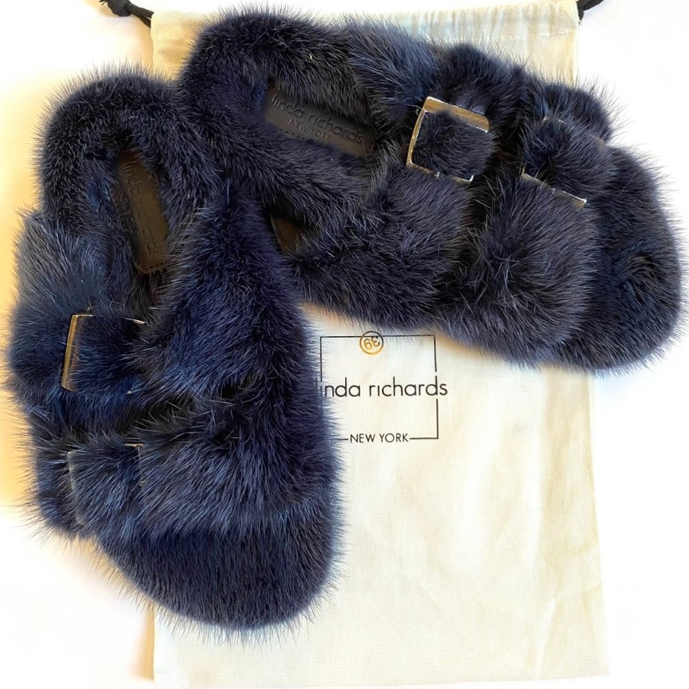 Linda Richards Mink Fur Slides Sandals Navy Blue NEW in Dust Bag Size 39 8.5-9.0